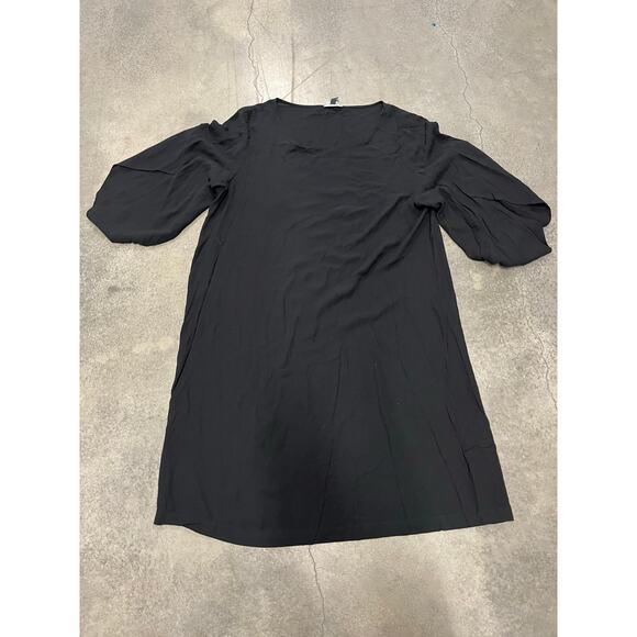 Eileen Fisher 100% Silk Short Sleeve Black Shift Dress Midi Size L - Picture 1 of 6